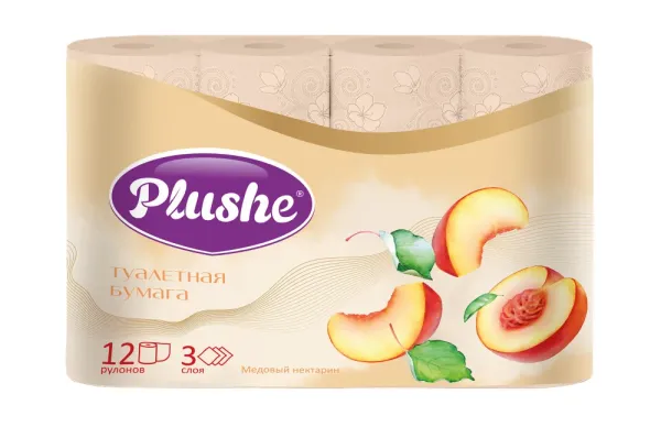 Туалетная бумага Plushe Комфорт, Медовый нектарин, 12 рул, 3 слоя, 12 пач/уп.