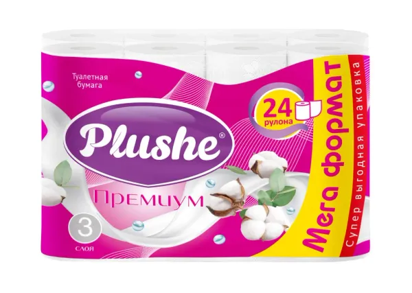 Туалетная бумага Plushe Премиум, 3 слоя, 24 рул, 15 м, белая, 6 пач/уп.