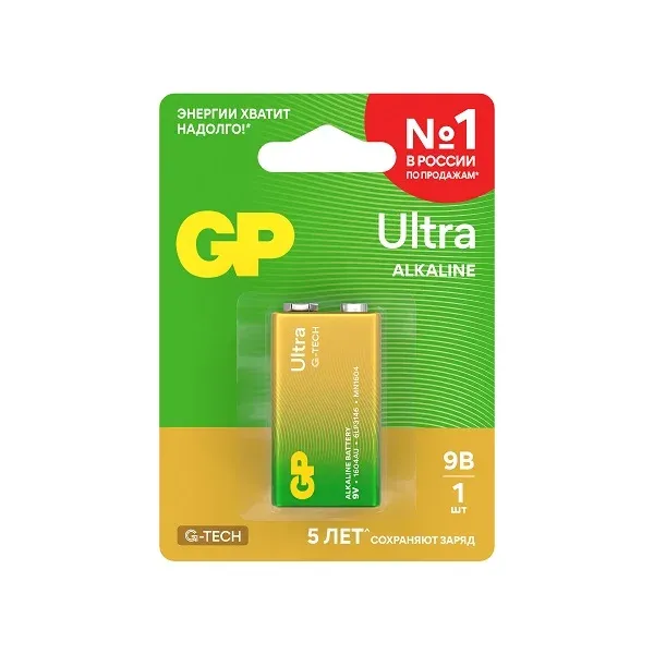 Алкалиновая батарейка GP Ultra Alkaline G-Tech 9V Крона - 1 шт. на блистере