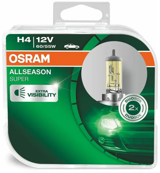 Автолампа галогенная H4 (60/55W P43T5 +30%) ALLSEASON (евробокс, 2шт) 12V OSRAM