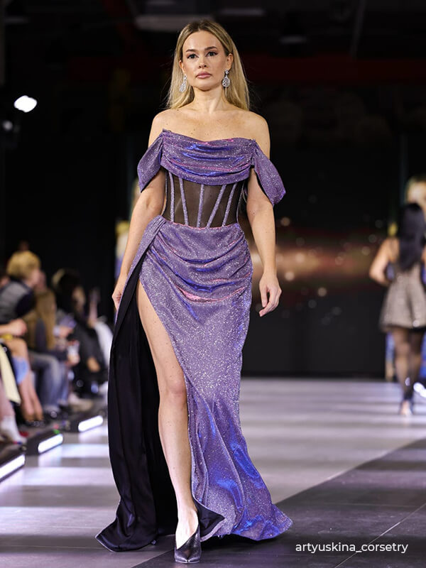 Трикотаж c люрексом и глиттером "Темное серебро-хамелеон фуксия"