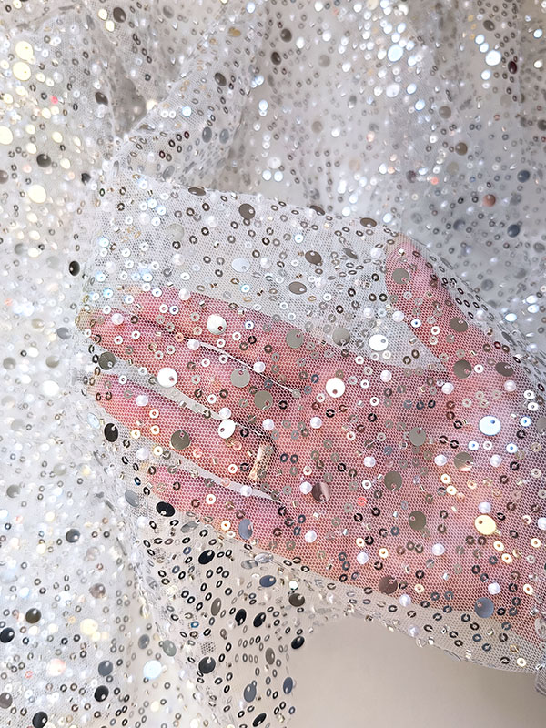 Сетка с пайетками и бисером "Белый с серебром " Z