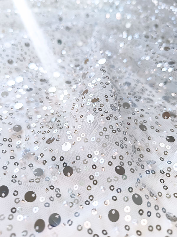 Сетка с пайетками и бисером "Белый с серебром " Z