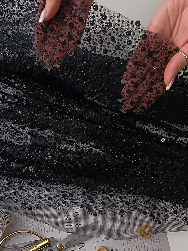 Сетка с пайетками и бисером Адель "Черный"
