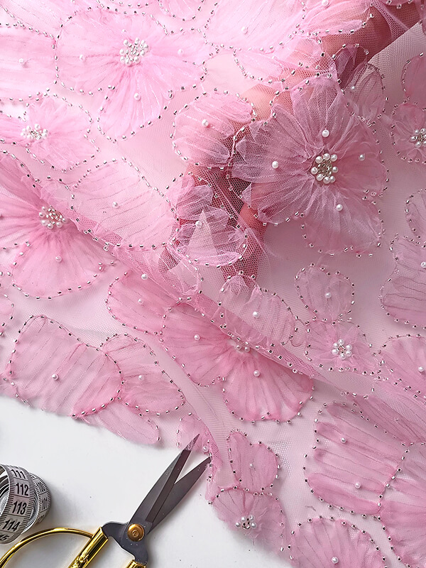 Сетка с бисером и цветами "Розовый"