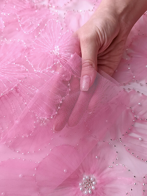 Сетка с бисером и цветами "Розовый"