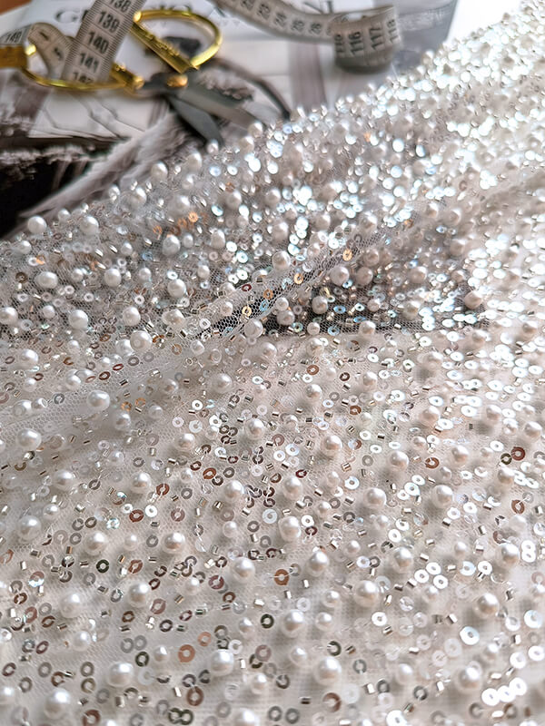 Сетка с пайетками и бисером премиальная "Молочный"