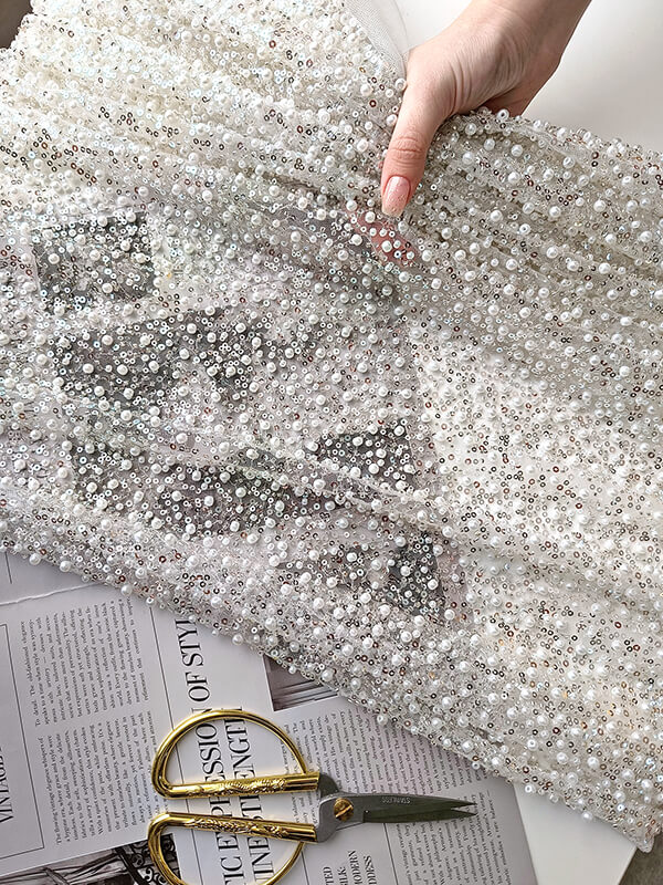 Сетка с пайетками и бисером премиальная "Молочный"