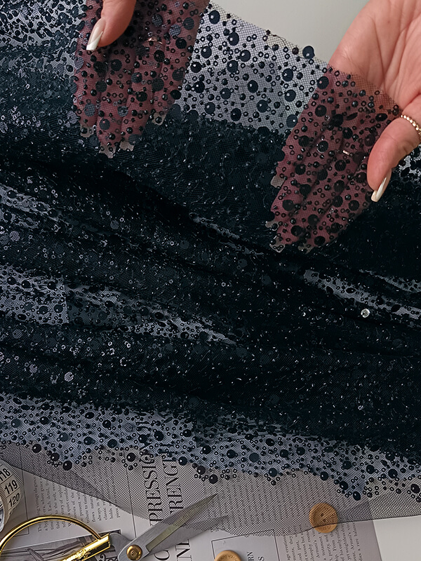 Сетка с пайетками и бисером Адель "Темно- синий"