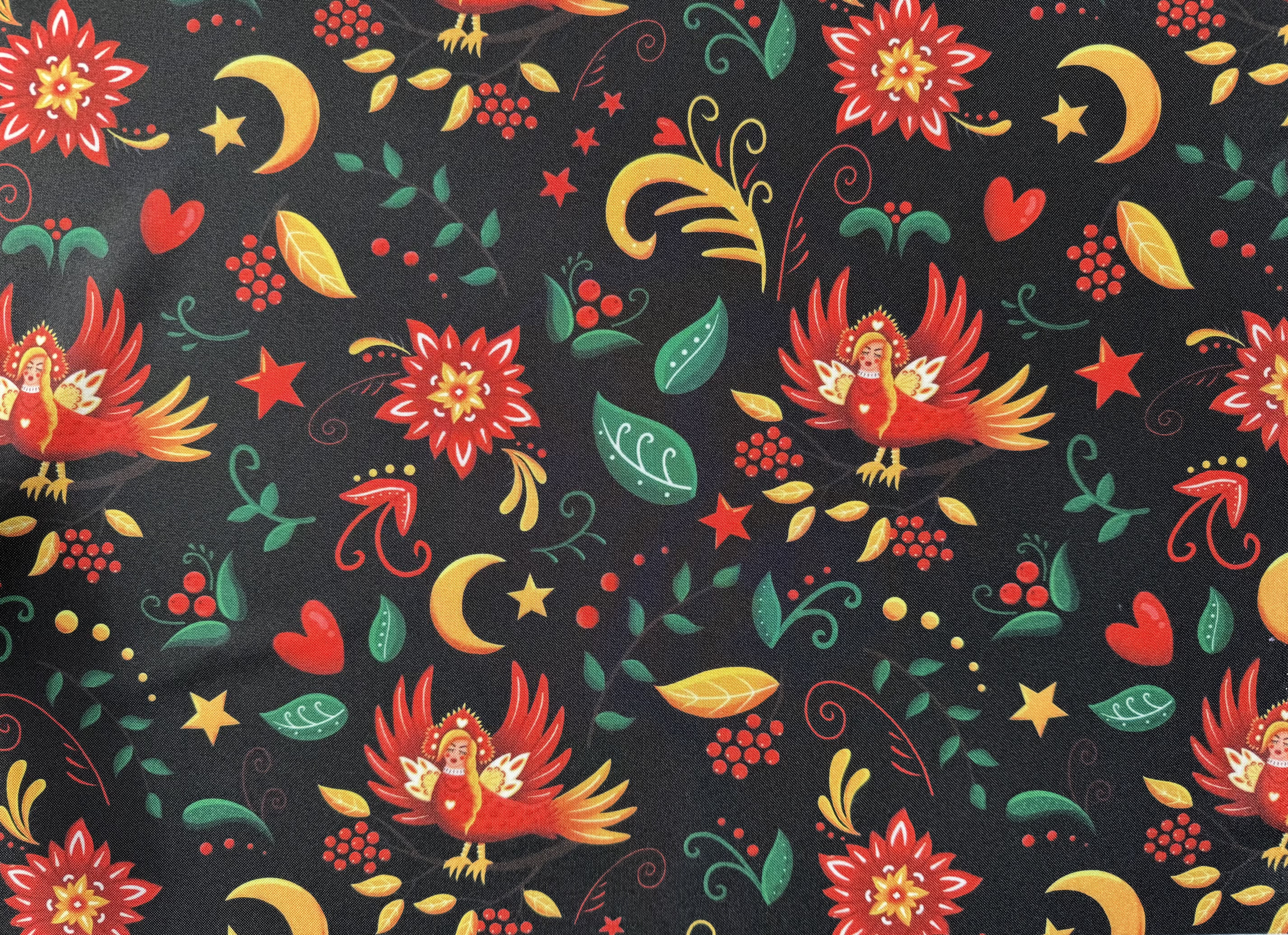 Габардин "Принт 11" птица на черном