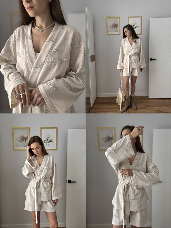 Лён с вышивкой из бисера "Бежевый"