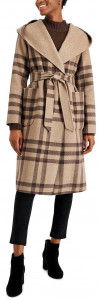 Удлиненное бежевое пальто в клетку с поясом DKNY