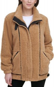 Удлиненное плюшевое коричневое пальто из искусственного меха DKNY