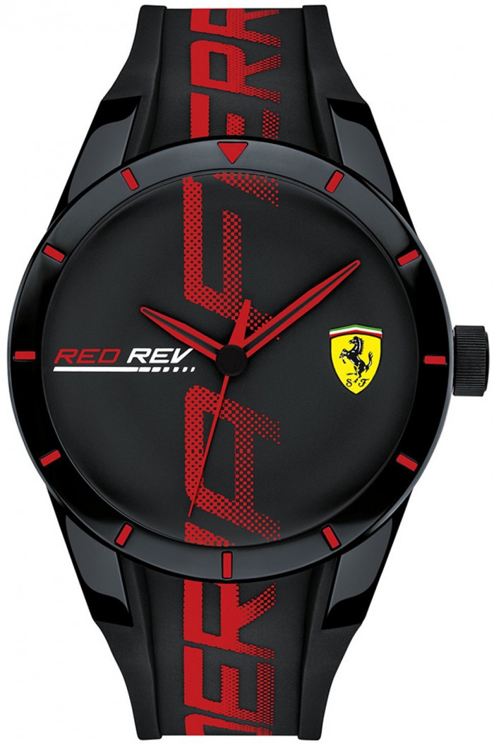Мужские наручные часы с черным силиконовым ремешком Ferrari Mens RedRev Black Silicone Strap Watch 44mm