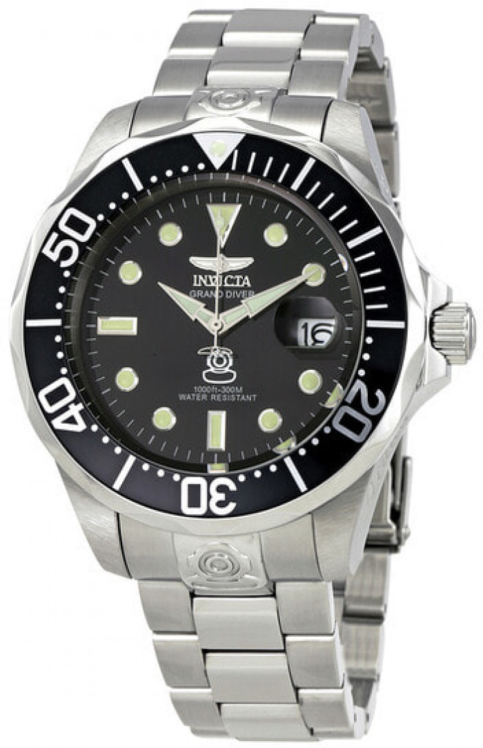 Мужские наручные часы с серебряным браслетом Invicta Grand Diver Black Diver Stainless Steel Mens Watch 3044