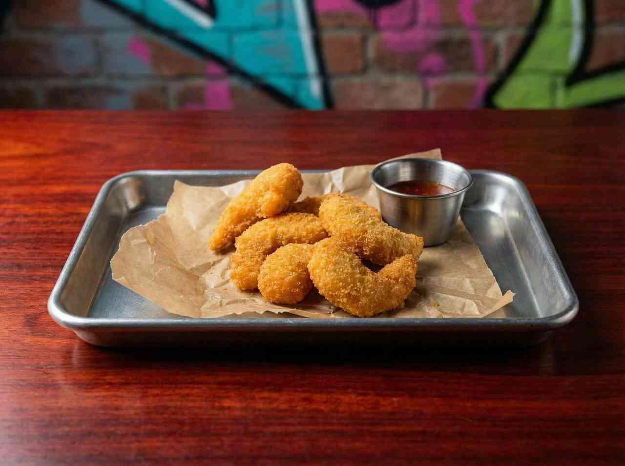 Вкусная предметная съемка жареных креветок в панировке. Фотографии горячих закусок на фоне граффити для сайта заведения