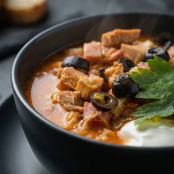 Сытный мясной суп солянка в глубокой тарелке. Фотография горячих блюд для меню службы доставки