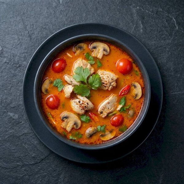 Азиатский суп Том Ям с морепродуктами. Профессиональная съемка горячих блюд для сайта ресторана