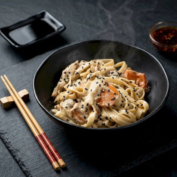 Лапша вок с курицей и овощами в черной тарелке. Съемка паназиатской кухни в корпоративном стиле