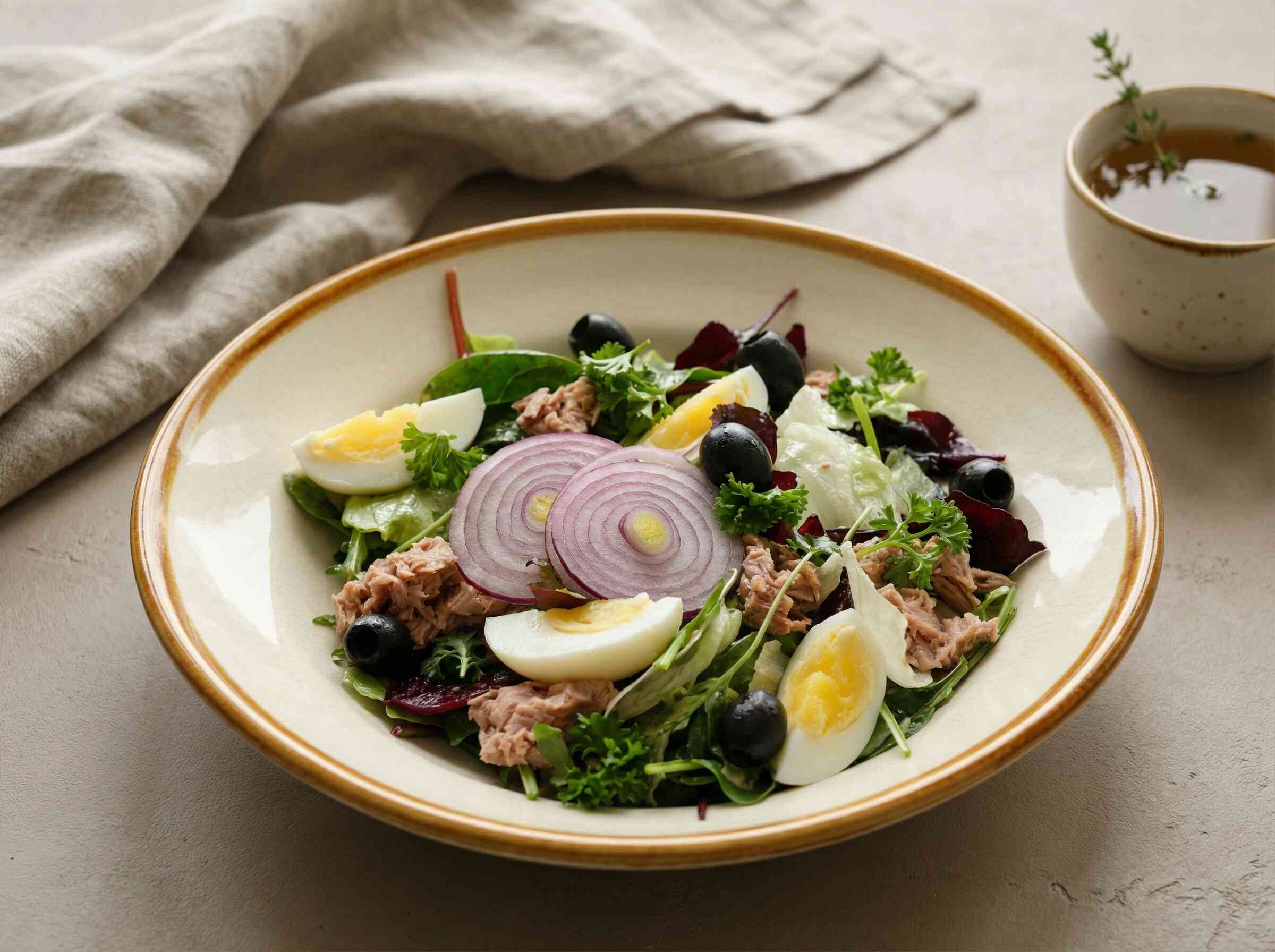 Светлая фуд-фотография европейской кухни: салат с тунцом, яйцом и луком в крафтовой тарелке. Профессиональная предметная съемка для меню ресторана