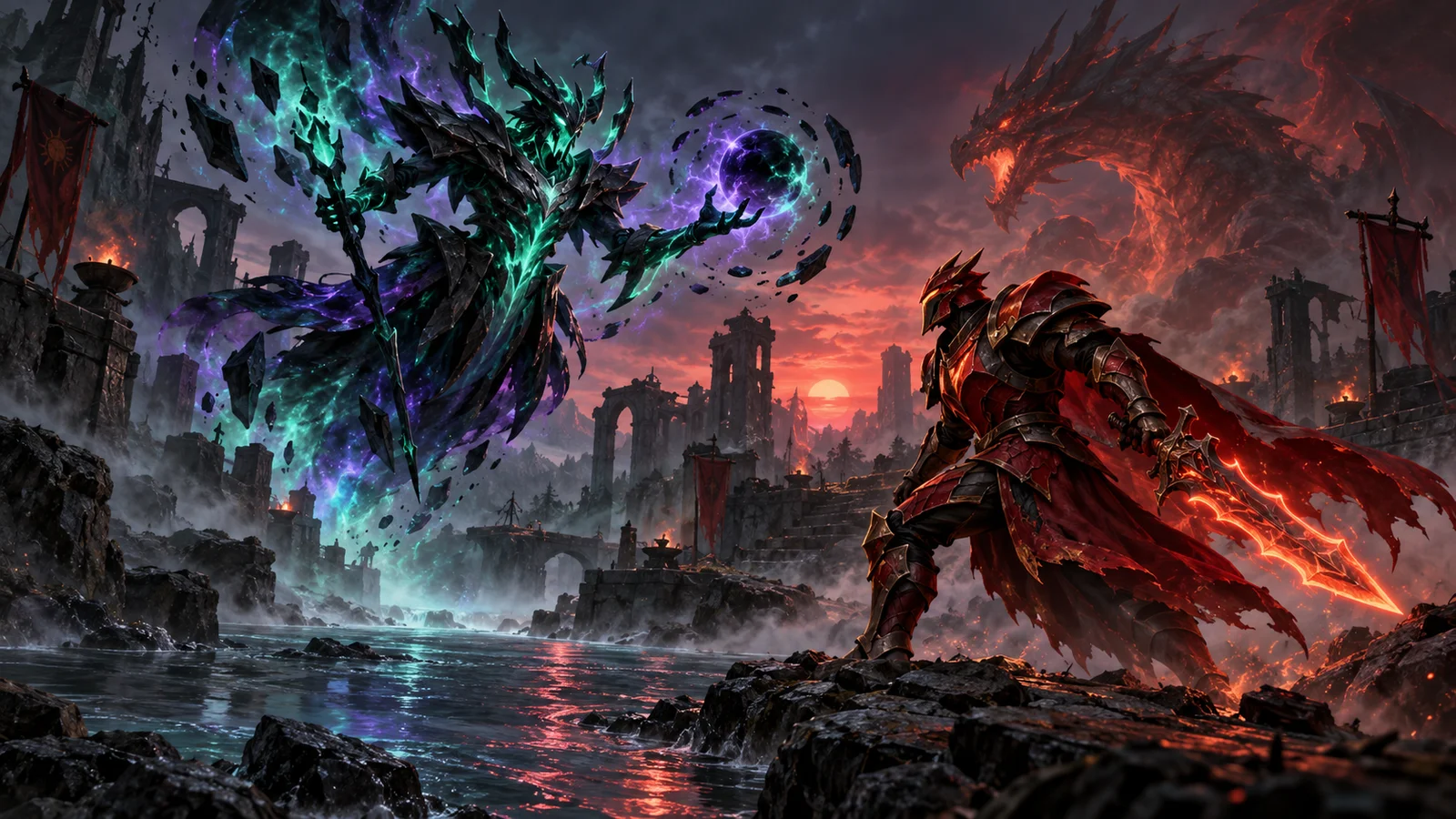 Outworld Destroyer and Dragon Knight face off near the mid lane