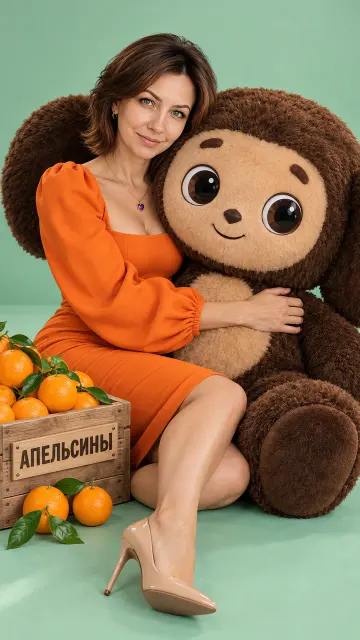 Девушка с Чебурашкой и апельсинами