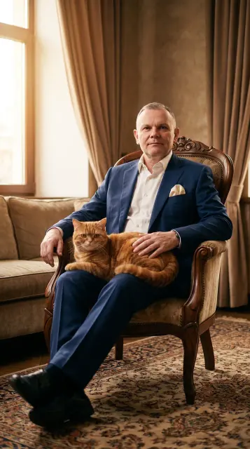 Мужчина с котом в роскошном интерьере