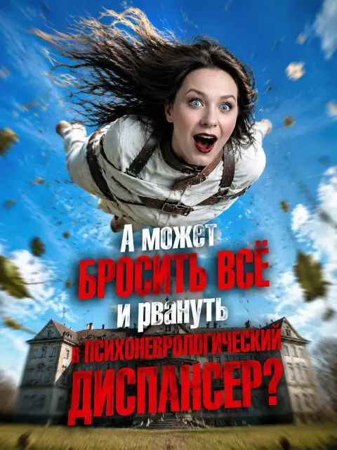 Женщина в смирительной рубашке летит в небе