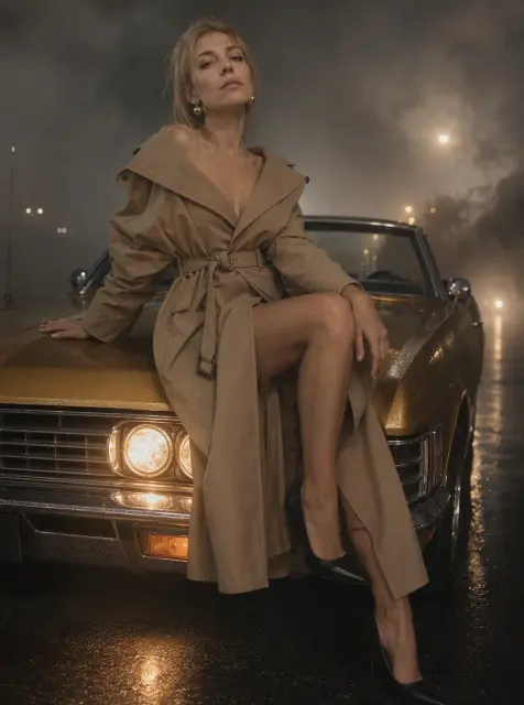 Женщина на капоте ретро-автомобиля