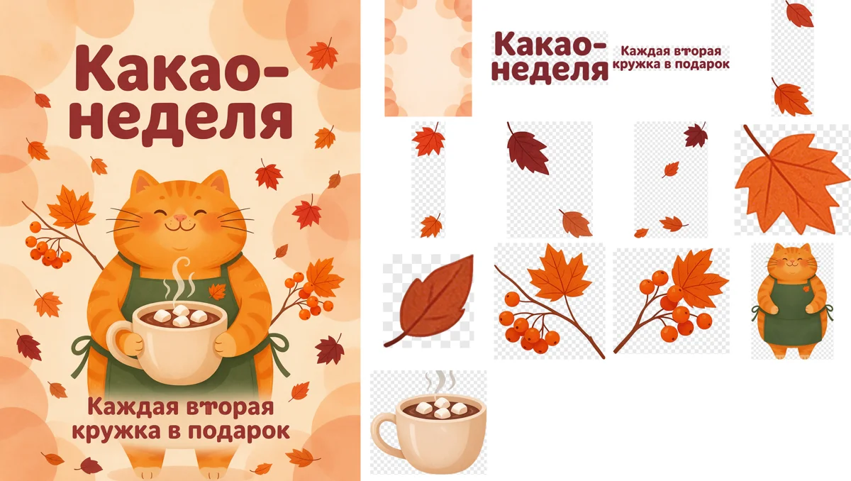 Постер «Какао-неделя» с рыжим котом и тринадцать файлов после разделения: фон, надписи, листья, рябина, кот и кружка