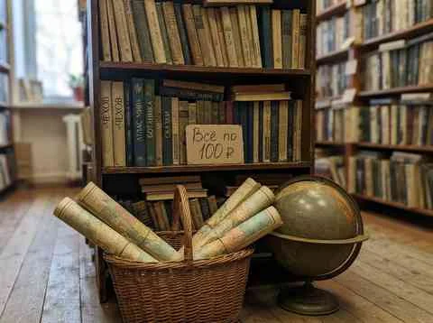 Маленькая мутная картинка: стеллаж с книгами, табличка с ценой, корзина с картами и глобус