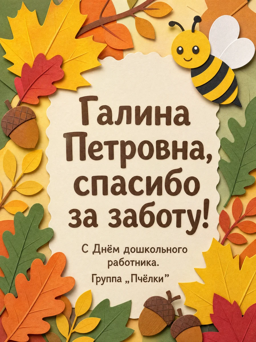 Открытка-аппликация из цветной бумаги с пчёлкой и благодарностью Галине Петровне