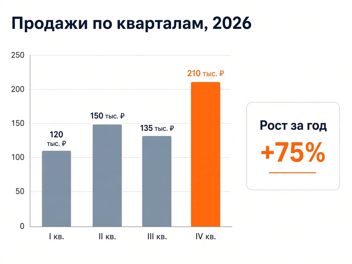 Слайд со столбчатой диаграммой продаж по четырём кварталам и выводом «Рост за год +75%»
