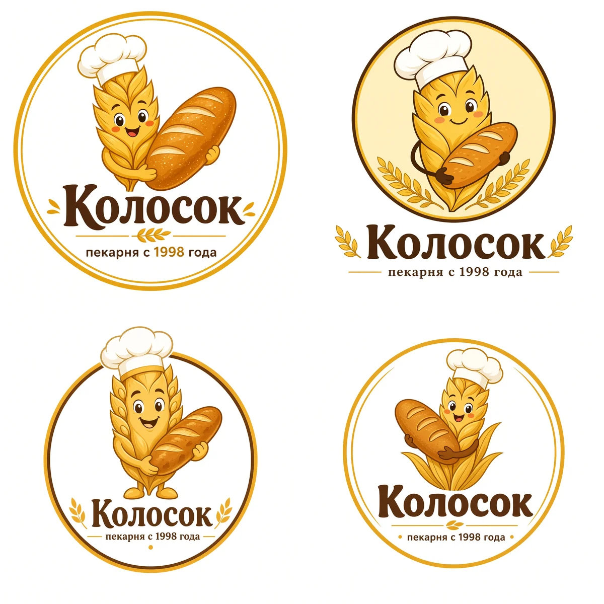 Четыре варианта эмблемы пекарни «Колосок» с колоском в поварском колпаке и батоном