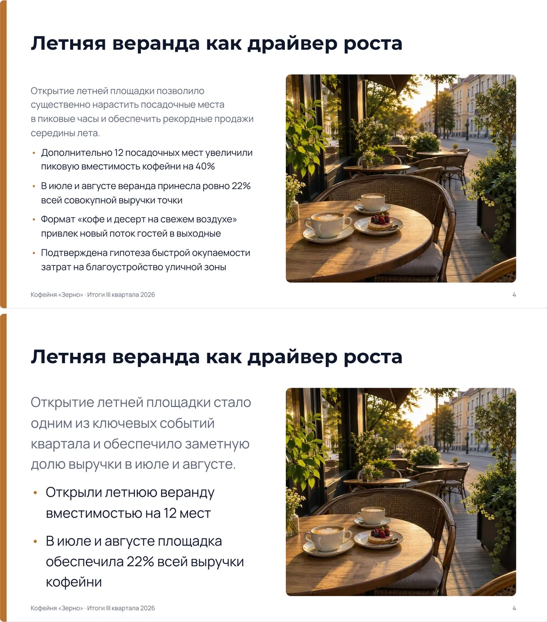 Слайд про летнюю веранду до проверки с придуманными 40% вместимости и после, где остались только цифры из сообщения
