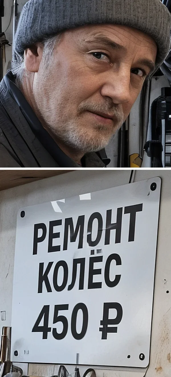 Pro при −10: мужчина средних лет в серой шапке, табличка «Ремонт колёс 450 ₽» без ошибок