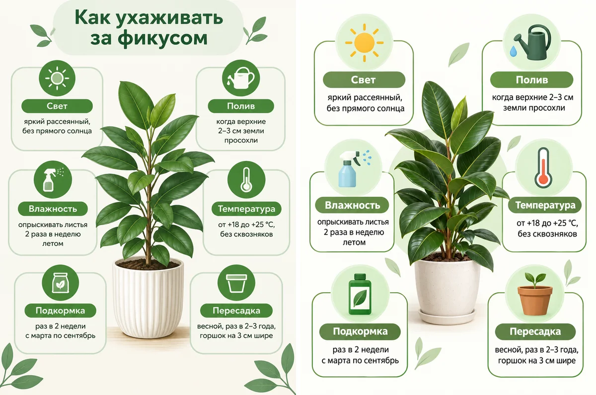 Памятка по уходу за фикусом в Low и Medium: у Medium нет заголовка, подписи в блоках без ошибок