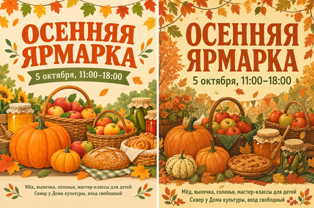 Одна и та же афиша ярмарки в качестве Low за 2 ₽ и High за 30 ₽: текст одинаковый, в High подробнее рисунок