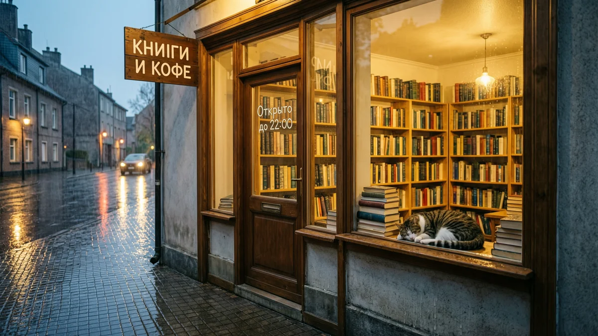 Витрина книжной лавки под дождём, на двери надпись «Открыто до 22:00», на подоконнике спит кот