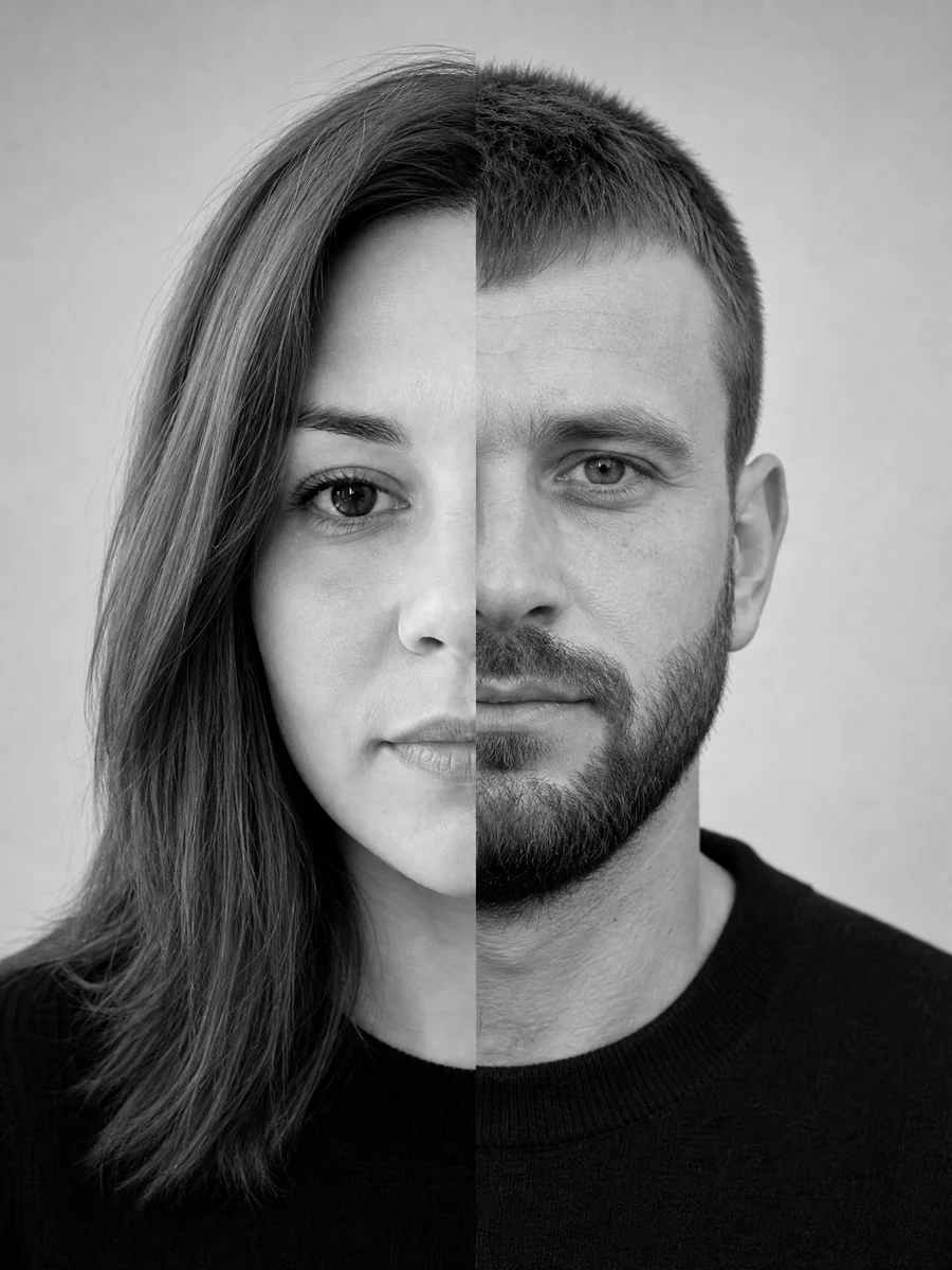 Чёрно-белый портрет из двух половин: слева лицо девушки с тёмными волосами, справа мужчины с бородой