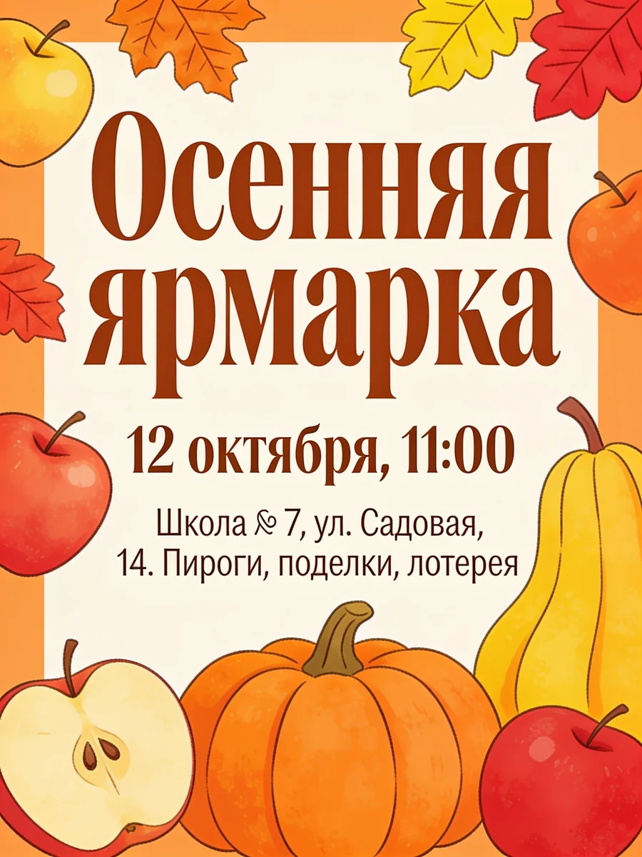 Афиша ярмарки с тыквой и яблоками внизу, текст без ошибок, кроме значка номера, Seedream 4.5
