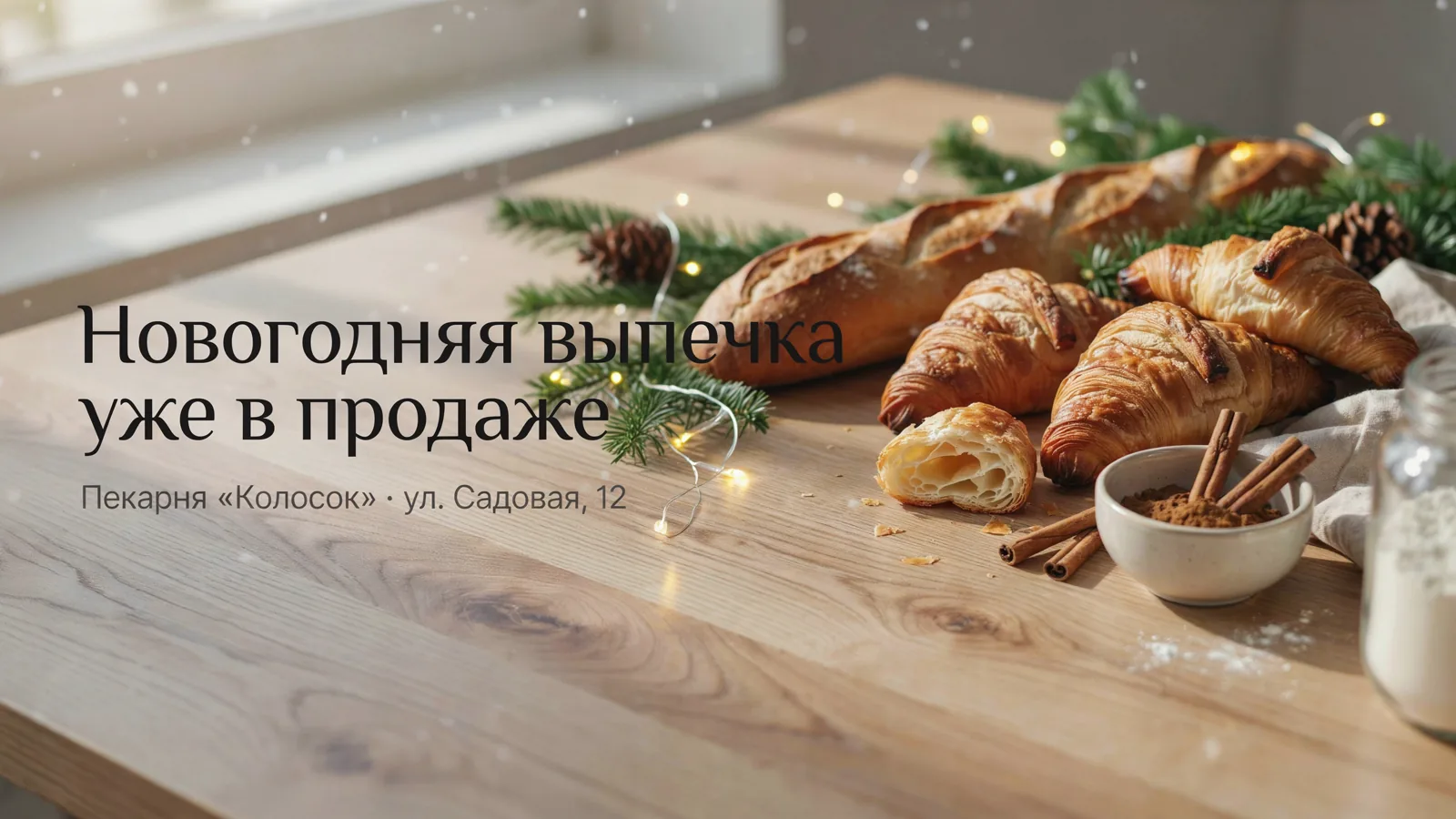 Тот же баннер с еловыми ветками и гирляндой, надпись «Новогодняя выпечка уже в продаже»