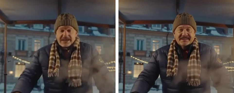Слева кусок кадра 720p, справа тот же кусок после апскейла до 1080p: шапка и шарф чётче