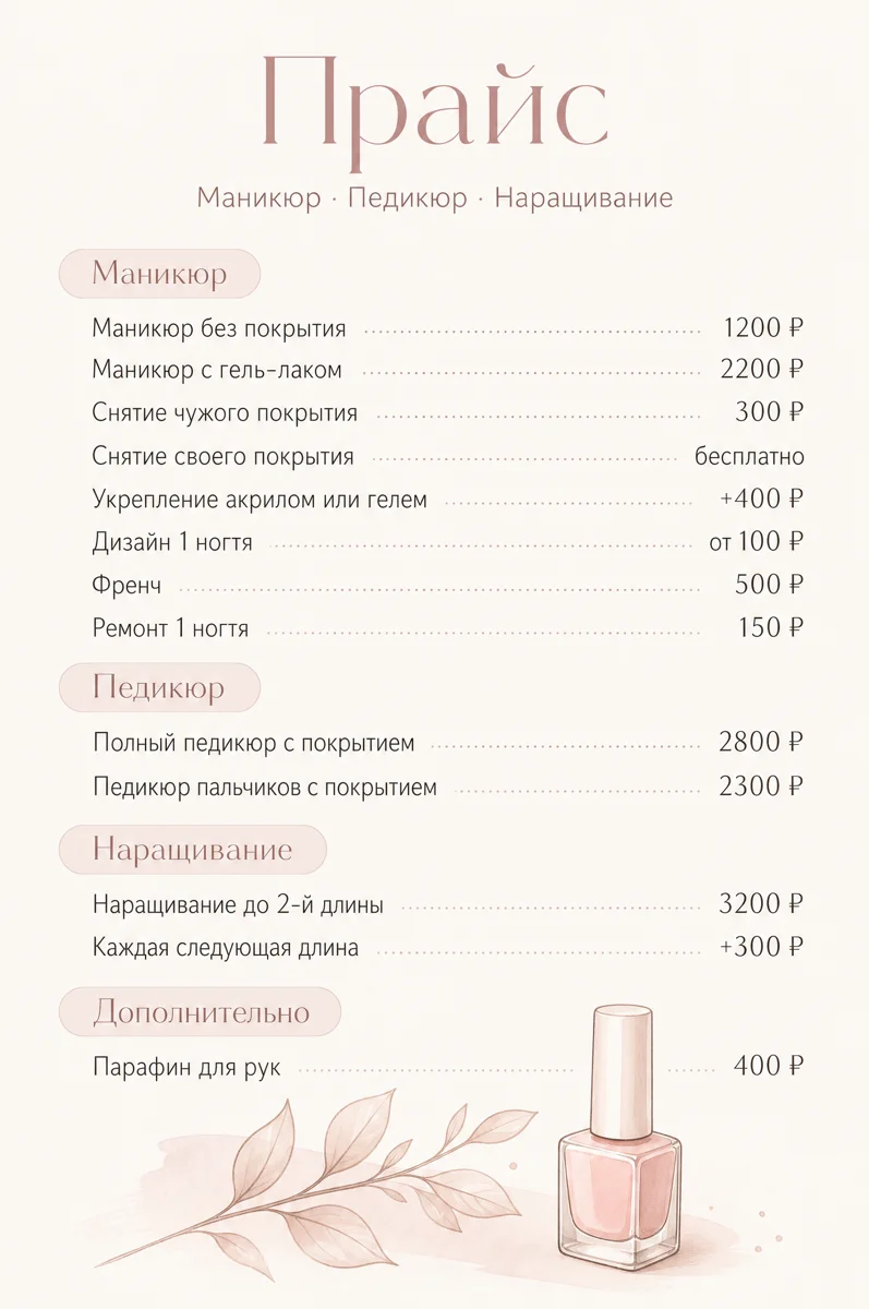 Прайс-лист мастера маникюра в нюдовых тонах: 13 услуг в четырёх группах, цены справа