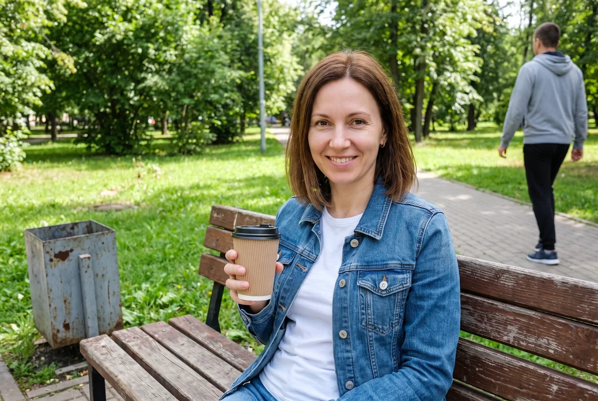 Исходник для правки: скамейка в летнем парке, за женщиной идёт прохожий, слева урна
