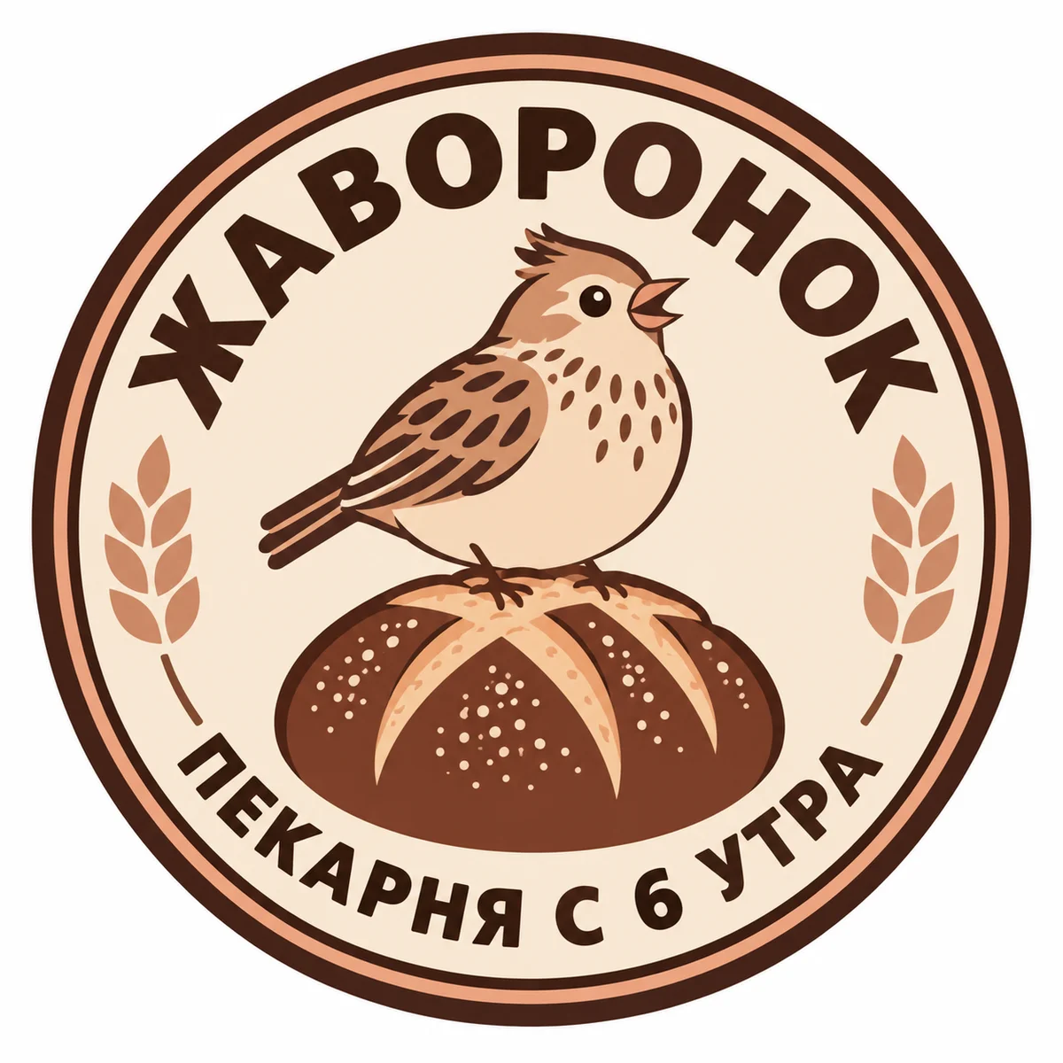 Круглая эмблема: жаворонок на буханке, по кругу надписи «Жаворонок» и «Пекарня с 6 утра»