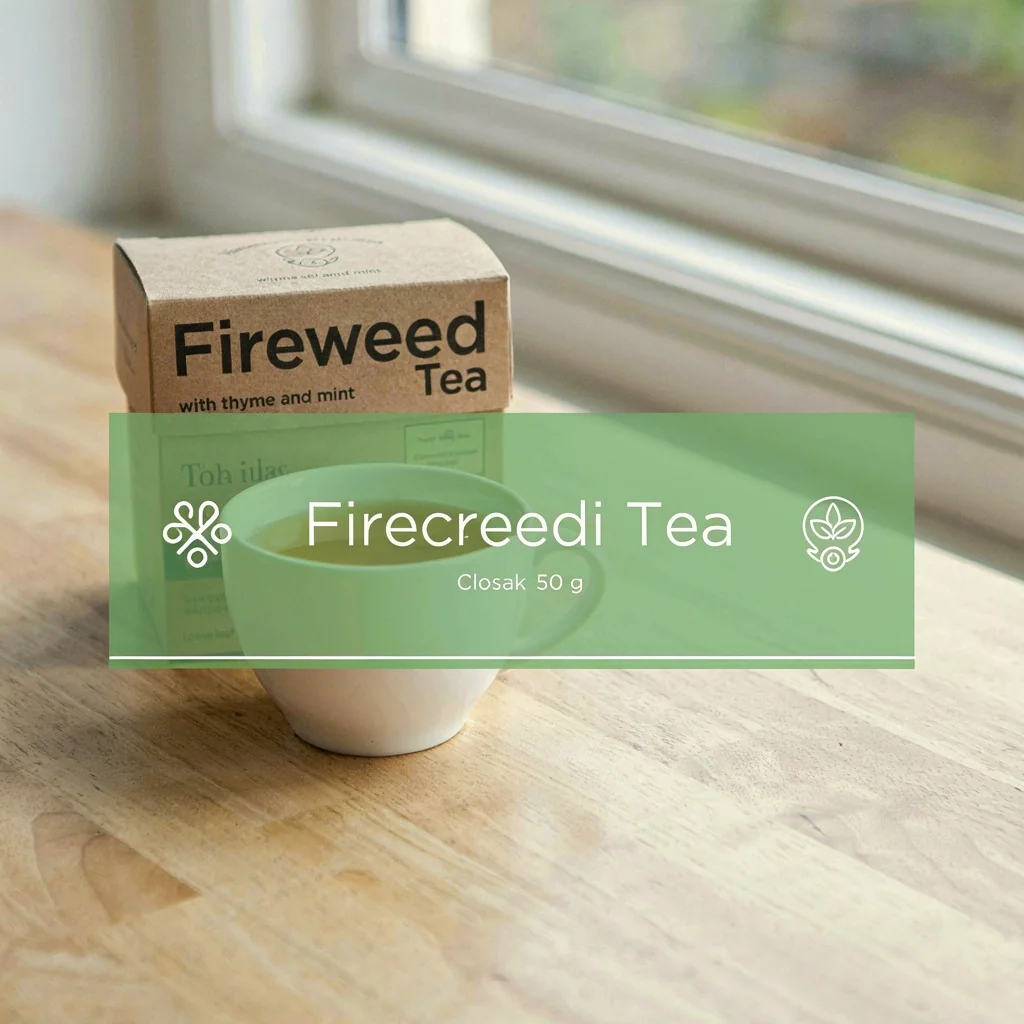 Коробка Fireweed Tea, поверх неё зелёная плашка с выдуманной надписью Firecreedi Tea