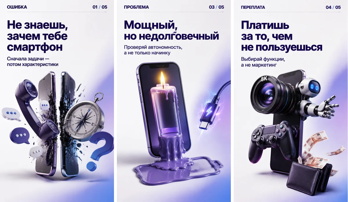 Три вертикальные картинки про ошибки при выборе смартфона: расколотый телефон, тающая свеча, телефон с камерой и джойстиком