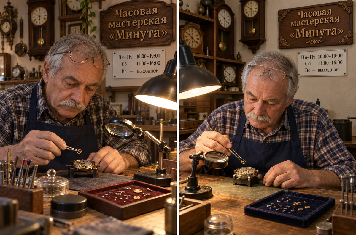 Часовщик под вывеской «Минута» в двух версиях GPT Image: кадры почти одинаковые