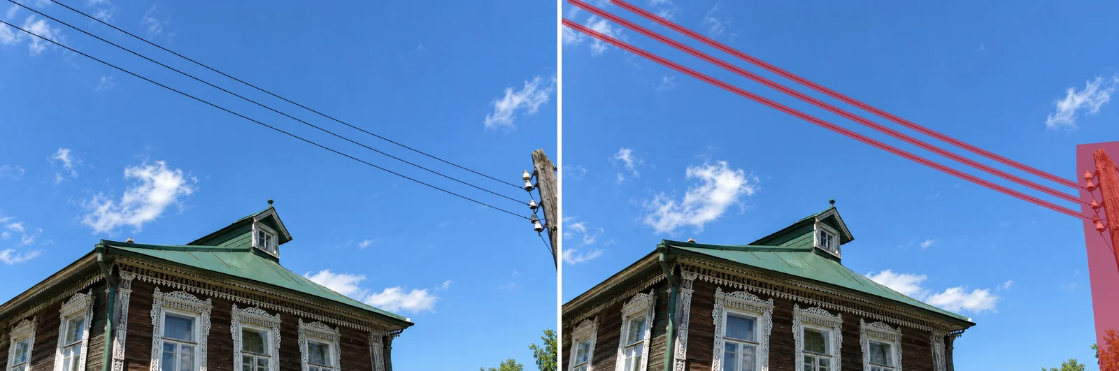 Деревянный дом с резными наличниками, провода в небе и столб; рядом маска на проводах и столбе